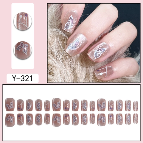 Schmetterling Katzenauge Aufpressnägel Pink Nude Glitzer Falsche Nägel Wiederverwendbar Süß Mode Minimalistisch Maniküre Für Frauen