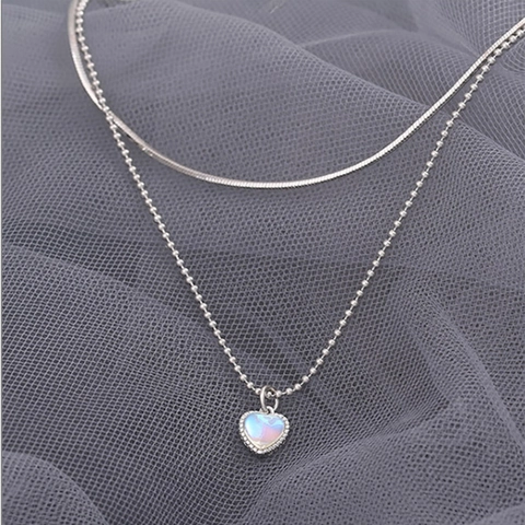 Herz Anhänger Halskette Mehrlagig Messing Schlangenkette Und Perlenkette Mondstein Eleganter Stil Für Damen