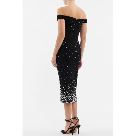 Off The Shoulder Midi Dress Artificial Pearl Beaded Slim Fit Black Party Evening Gown Sexy Elegant Bodycon Formal Dress For Women