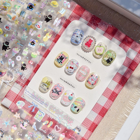 Autocollants Ongles Relief 3D Motifs Chien Chat Dessins Animés Été Plage Décalcomanies Auto-adhésives Décoration DIY