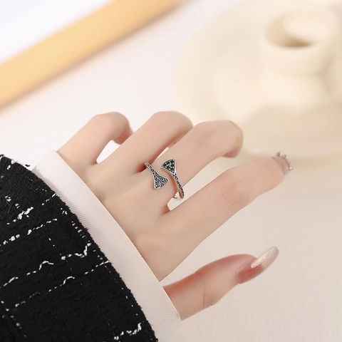 Anillo de Plata de Ley 925 Vintage para Mujer Patrón Karakusa Envejecido Anillo Abierto Ajustable Circonia Verde Incrustado Joyería de Lujo