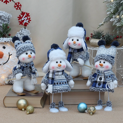 Poupées Bonhomme De Neige De Noël En Tricot Bleu Blanc Ornements En Peluche Figurines De Ski Décor De Table Vacances Hiver