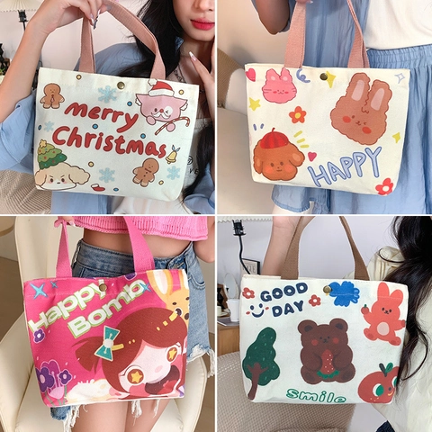 Piccola Borsa In Tela Carino Cartone Animato Illustrazione Stampa Mini Tote Bag Con Chiusura A Bottone Per Donne Studenti