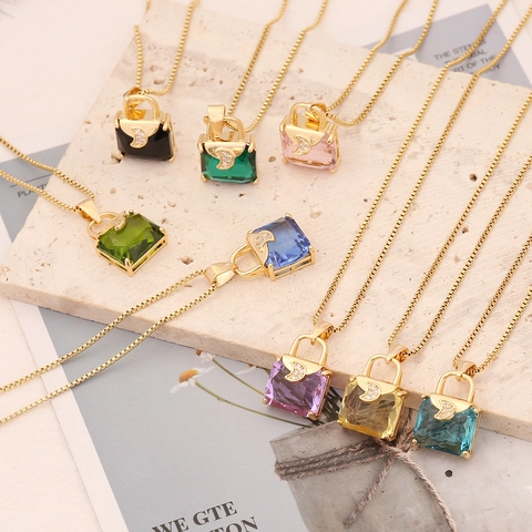 Handtasche Anhänger Halskette Kupfer Mit Buntem Quadratischem Glaskristall Strass Mond Eleganter Schmuck Für Frauen