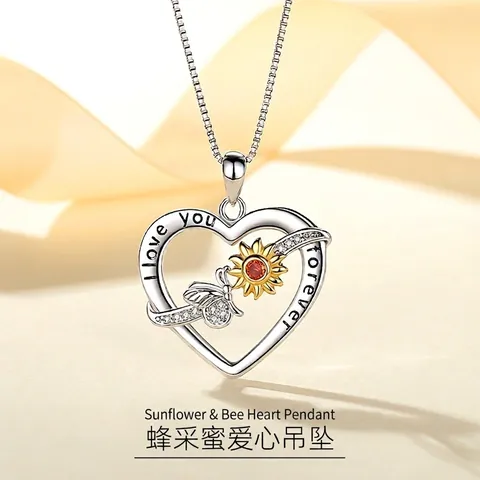 Collana Con Pendente A Cuore In Argento Sterling 925 Con Girasole Ape Placcato Oro Inciso I Love You Forever