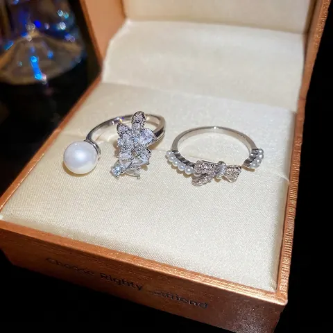 Anillo Abierto Perla Artificial Imitación Lazo Circón Ajustable Cobre Elegante Joyería Boda Fiesta Para Mujeres