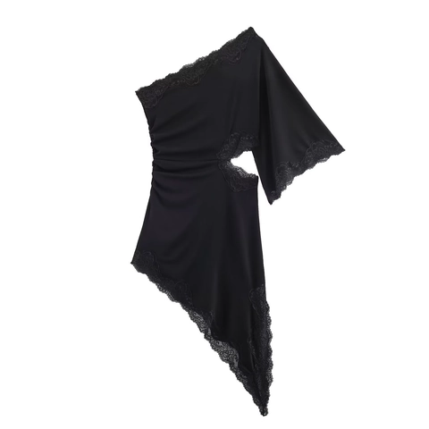 Vestido Midi Asimétrico De Un Hombro Con Ribete De Encaje Cintura Hueca Elástico Sin Mangas Fiesta Bodycon Mujeres