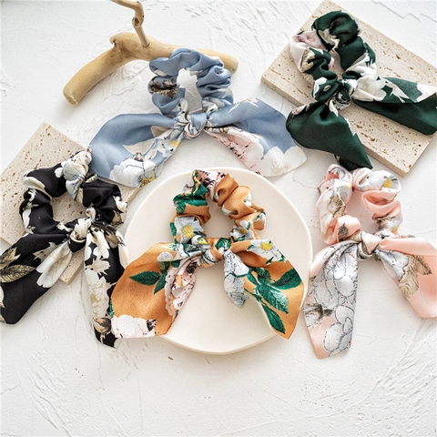 Scrunchie In Raso Floreale Con Fiocco A Orecchie Di Coniglio Elastico Per Capelli Nodo Accessorio Per Donna Ragazza Elegante