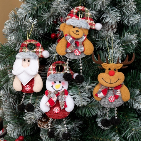 Christmas Tree Hanging Ornaments Fabric Santa Snowman Reindeer Bear Plush Dolls Long Leg Bead Chain Holiday Home Decor