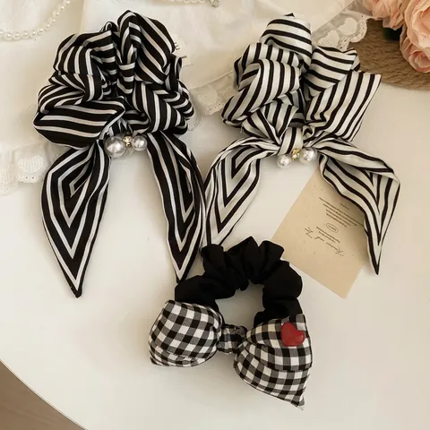 Coletero Elegante Con Lazo Tela Rayas Cuadros Gingham Lazo Pelo Con Perla Artificial Imitación Diamante Corazón Rojo Estilo Francés