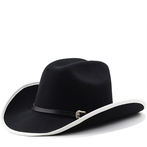 Westerse Cowboyhoed Wolvilt Brede Rand Met Witte Contrastbiezen Leren Band Metalen Gesp Retro Stijl Voor Heren Dames