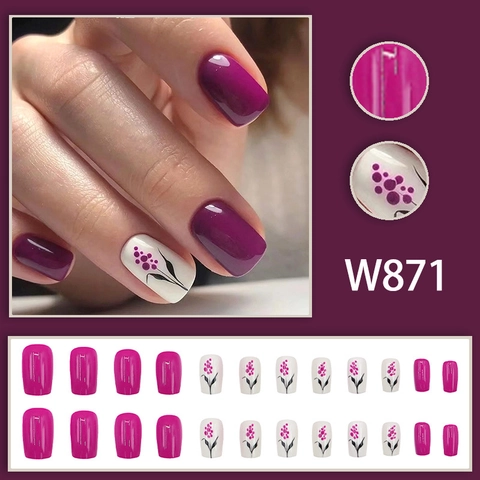 Glossy Square Round Press On Nails Magenta Purple White Floral Pattern Elegant Artificial Manicure