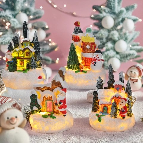 Weihnachten LED Leuchtende Harz Haus Miniatur Weihnachtsmann Schneemann Schreibtisch Dekoration Winter Dorf Szene