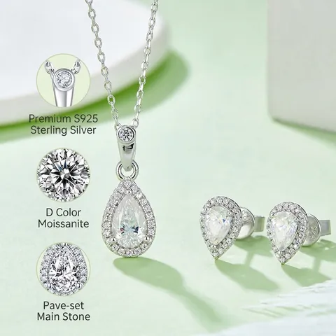 Pear Cut Moissanite Necklace And Earrings Jewelry 925 Sterling Silver Teardrop Halo Elegant D Color For Women
