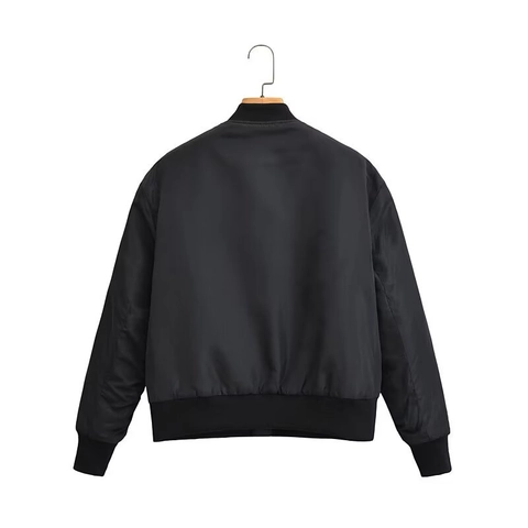 Women Bomber Jacket Polyester Cotton Padded Quilted Lining Zip Up Ribbed Trim Casual Outerwear Black Jacket