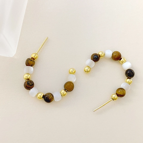 C-Shape Stud Earrings With 925 Sterling Silver Earring Post Tiger Eye Shell Artificial Pearl Beads Retro Bohemian Style For Women