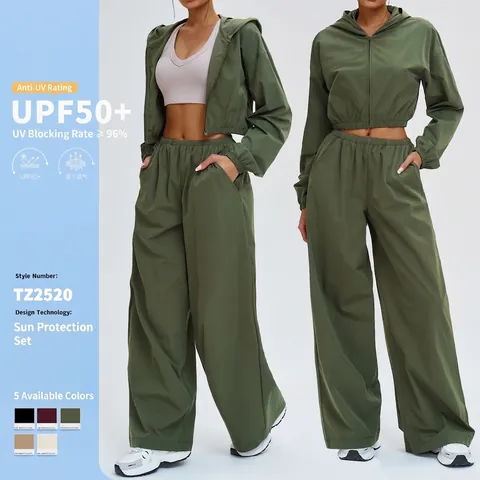 Completo Sportivo Protezione Solare Donna Giacca Con Cappuccio Corta E Pantaloni Larghi UPF 50 Abbigliamento Atletico