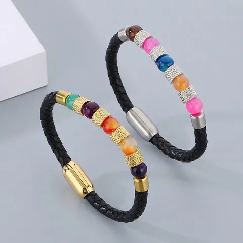 Bracciale In Pelle Intrecciata Con Chiusura Magnetica In Acciaio Inossidabile E Perle Di Quarzo Colorate Per Uomo Unisex