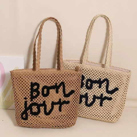 Women Straw Woven Tote Bag Letter Embroidery Hollow Out Summer Beach Shoulder Handbag French Style Vacation