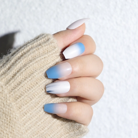 Coffin Kunstnagels Blauw Gradiënt Mat Marmer Textuur Hars Kunstmatige Nageltips Voor Vrouwen