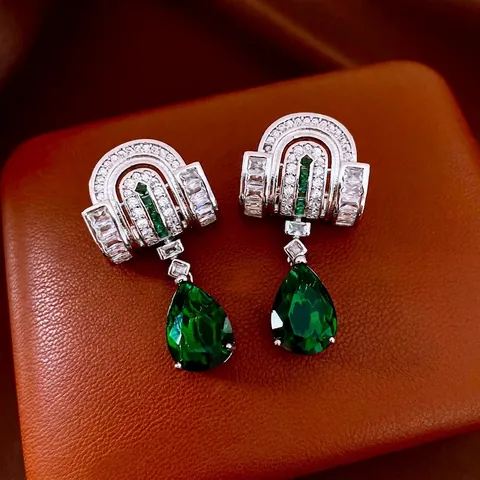 Orecchini Pendenti A Goccia Di Zircone Verde Rame Arco Geometrico Con Perno In Argento Per Donna Art Deco
