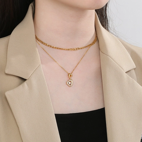Gelaagde Ketting Roestvrij Staal Verguld Strass Hanger Mode Sieraden Voor Dames Elegant Hart Sleutel Eenhoorn