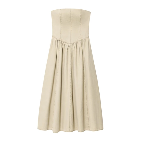 Vestido Midi Palabra De Honor Sexy Talle Alto Falda Plisada Elegante Color Sólido Caqui Sarga De Poliéster