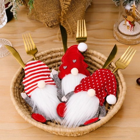 Christmas Gnome Cutlery Holder Red White Grey Felt Knit Fabric Festive Holiday Dining Table Decoration Rudolph Silverware Pouch