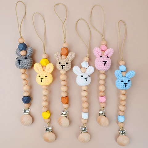 Baby Pacifier Clip Chain Crochet Bunny Beech Wood Beads Soother Holder Anti Drop For Infant Newborn Handmade