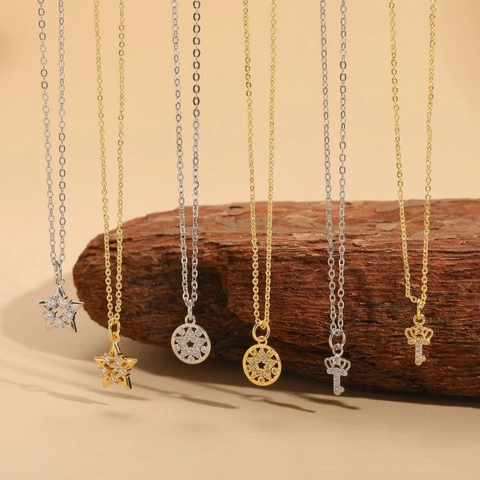 Minimalist Copper Zirconia Necklace For Women Gold Silver Plated Star Round Crown Key Pendant Fashion Jewelry Clavicle Chain