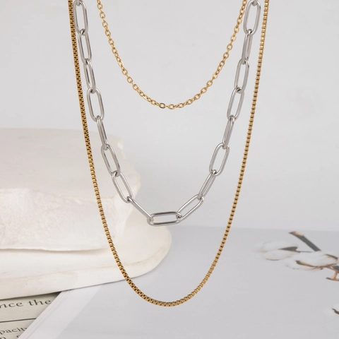 Mehrlagige Halskette Aus Edelstahl Für Damen Gold Silber Gemischtes Metall Büroklammer Und Boxkette Elegante Minimalistische Schmuck