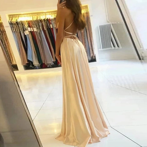 Women Sexy Satin Evening Gown Spaghetti Strap High Split Backless Floor Length Formal Party Dress