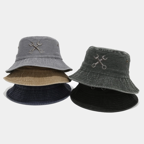 Vintage Bucket Hat Aus Gewaschener Baumwolle Mit Schraubenschlüssel Stickerei Mechaniker Stil Sonnenschutz Fischerhut