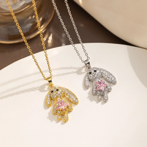 Rabbit Pendant Necklace Titanium Steel Paved Zircon Pink Star Gemstone Chic Animal Aesthetic Jewelry For Women