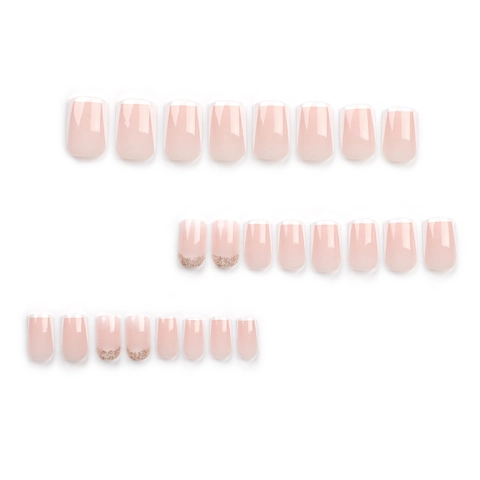 French White Tip Press On Nägel Quadratisch Goldener Glitzer Nude Pink Künstliche Falsche Fingernägel Für Frauen Elegant
