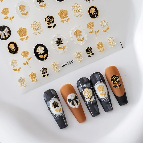 3D Reliëf Nagelstickers Bronzing Roos Bloem Strik Beer Ultradun Zelfklevend Decals Frans Retro Decoratie