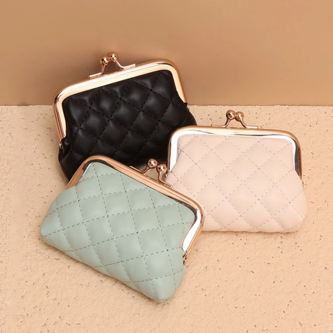 Mini Monedero Acolchado Diamante Cuero PU Cierre De Beso Vintage Cartera Bolsa Portátil Para Mujeres