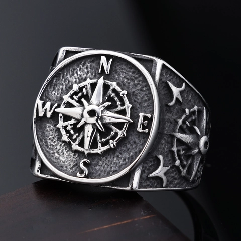 Compass Signet Ring Stainless Steel Men Vintage Nautical Viking Cross Retro Punk Gothic Band Jewelry