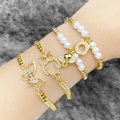Moda Rame Placcato Oro Zirconia Farfalla Gufo Elefante Ciondolo Animale Bracciale Per Donna Gioielli Perla Artificiale
