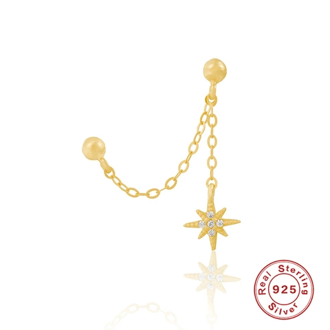 925 Sterling Silver Eight Pointed Star Chain Earring Single Dainty Zircon Star Pendant Jewelry For Double Piercing