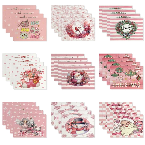Christmas Placemat Linen Cotton Polyester Waterproof Pink Cartoon Santa Snowman Heat Insulated Table Decor Holiday Party