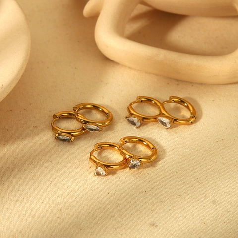 Pendientes De Aro Huggie De Acero Inoxidable Bañados En Oro De 18K Con Zirconia Cúbica Corazón Gota Marquise INS