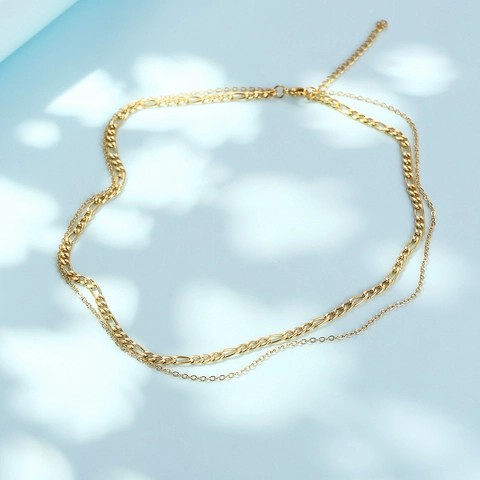 Minimalist Stainless Steel Double Layer Necklace For Women Figaro Link Chain Gold Silver Adjustable Choker Necklace Trendy Jewelry For Daily Dating