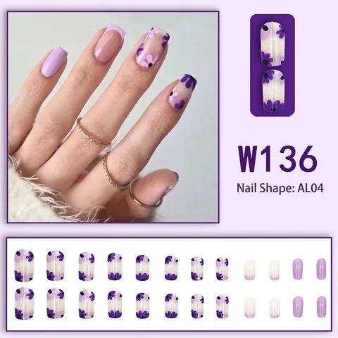 Purple Flower French Style Press On Nails Long Square ABS Resin Artificial Fake Nails For Women Simple Elegant