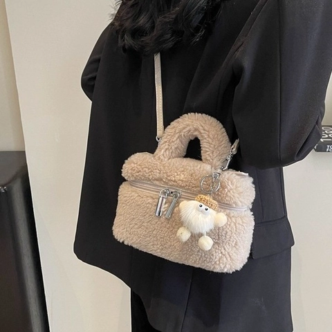 Plush Faux Lambswool Small Square Handbag Crossbody Bag Detachable Strap Charm Chic Fashionable For Women Girls