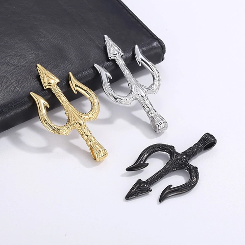 Men's Stainless Steel Trident Pendant Necklace Vintage Hip Hop Street Style Personalized Jewelry