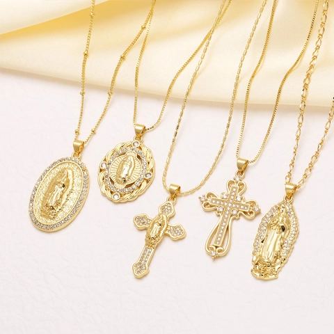 Virgin Mary Cross Pendant Necklace Gold Plated Copper Zircon Religious Retro Vintage Medallion Jewelry For Women Men