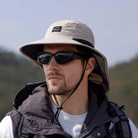 Outdoor Sun Hat Wide Brim Nylon Fisherman Bucket Cap With Neck Flap Breathable Mesh For Hiking Fishing Summer Protection