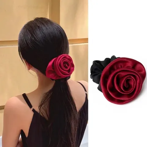 Satin Rosenblume Scrunchie Französisch Retro Elegant Große Stoff Haargummi Pferdeschwanz Halter Für Frauen Mode Accessoires