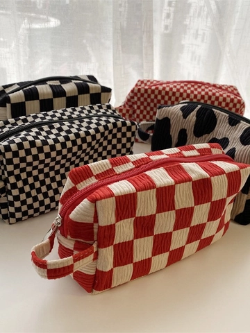 Checkerboard Seersucker Make-Up Tas Grote Capaciteit Draagbare Cosmetische Toilettas Met Handvat Voor Reizen Vrouwen